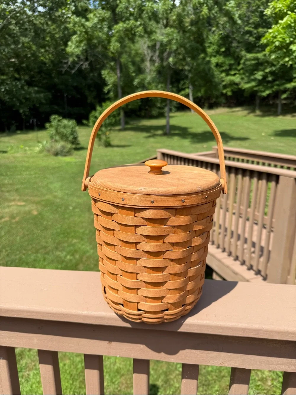 Vintage 1992 Longaberger Handwoven Lidded Basket with Handle